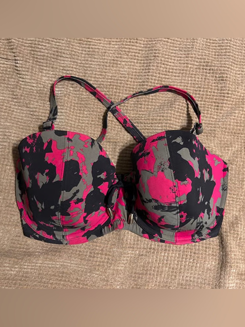 Pour Moi Underwire Bikini Swim Top US 34H UK 34FF Black Pink Gray Floral Print